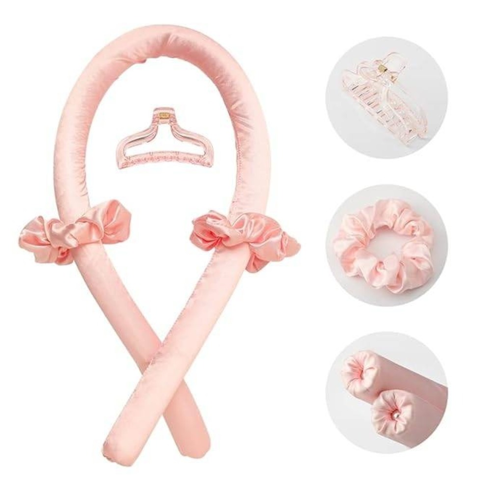 Heatless Hair Curler Headband Pink Satin with Hair‎ Clip & Scrunchies New